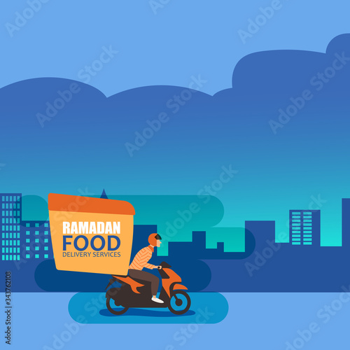 Food delivery service, motorcycle transportation online order by phone during quarantine period.