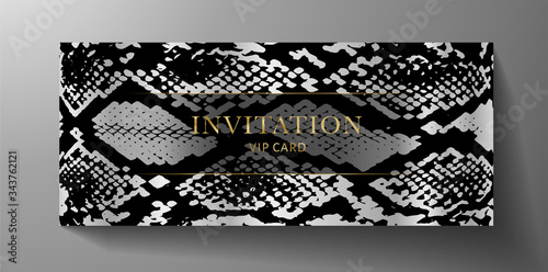 Luxurious VIP Invitation template with animal print (snake skin) on black and silver background. Premium class design for Gift certificate, Voucher, Gift card 

