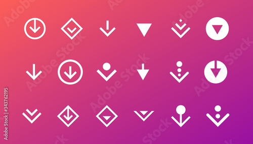 Swipe top down or download icon scroll pictogram set isolated for blogger web ui ux design. Vector white arrow bottom for application and social network website. Simple gradient button illustration