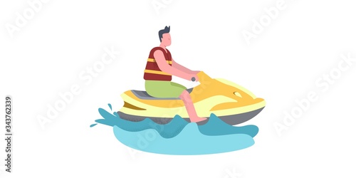 A man rides a jet ski. Illustration in warm yellow-red colors of the joy of relaxation, water extreme. Made in a modern color flat style. Symbol of high-speed sea adventure, travel.