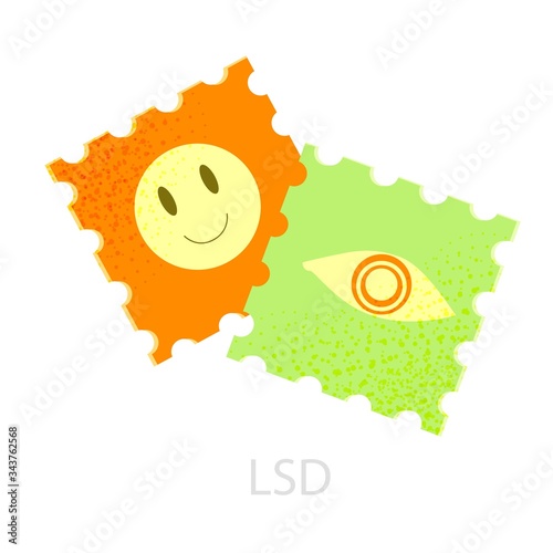 Illustration of lsd stamps with color emoticons. The concept of psychedelic, unbridled cheerful mood, hallucinogenic, narcotic travels. Color vector art flat style.