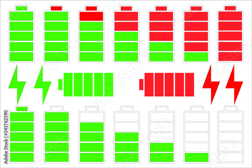 Battery vector icons set with different charge level.