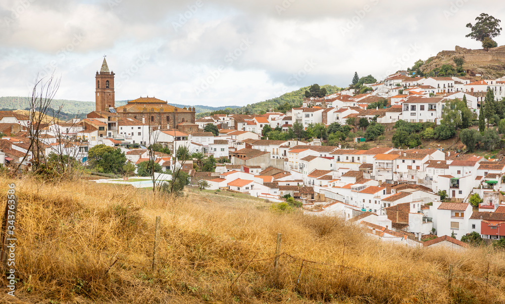a view over Cortegana town including the Church of the Divine Savior in Autumn, province of Huelva, Andalusia, Spain