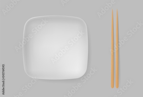 Empty white ceramic sushi plate with lying bamboo chopsticks. Japanese Asian traditional style. Vector illustration of oriental kitchen utensils for websites, restaurants and print