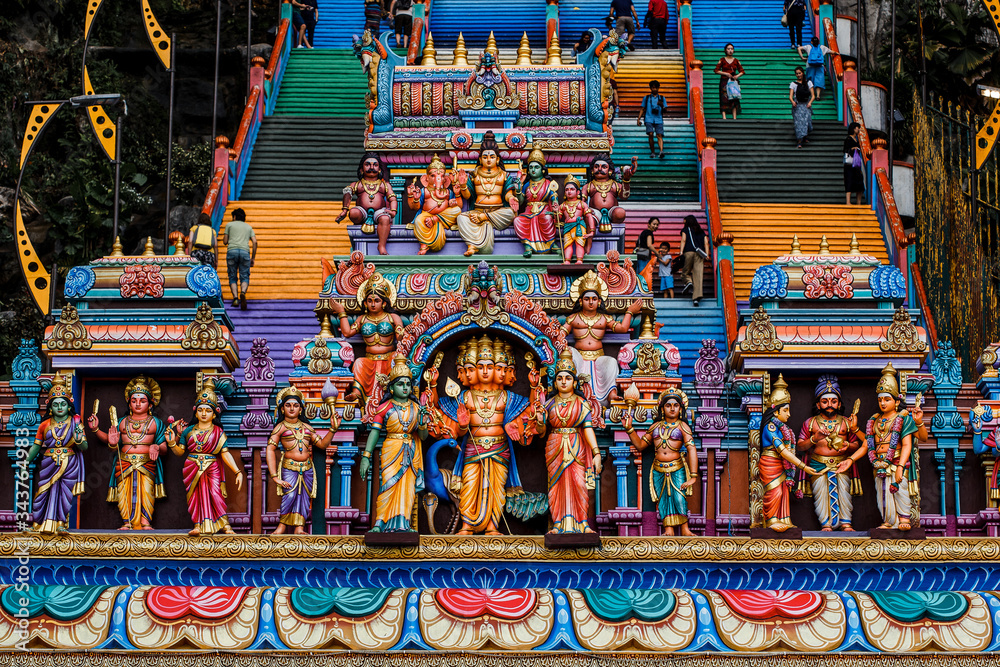 Colorful stairs with sculptures of Hindu Gods in the Batu caves complex