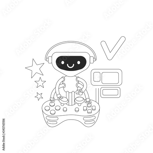 Video game bot thin line concept vector illustration. Cute robot playing with console joystick 2D cartoon character for web design. Artificial intelligence non player creative idea