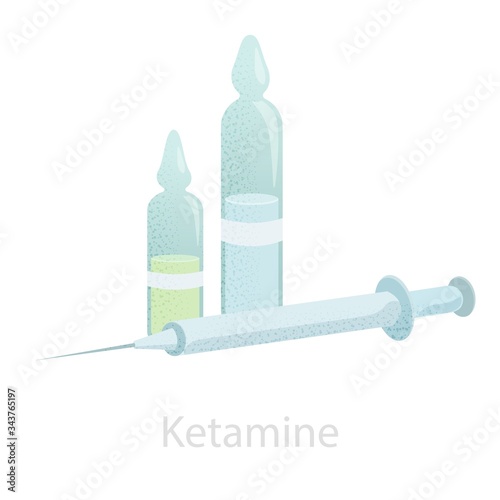 Ampoules with ketamine and a syringe. An illustration of a ketamine anesthetic, an analgesic injection of a sedative. Logo design for pharmaceuticals, medical equipment