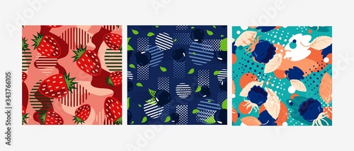 Colored berry patterns . Red, blue, blackberry of patterns on a background of strawberries, blackberries and currants. Saturated bright, colorful textures.