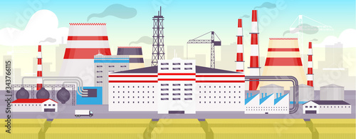 Industrial park flat color vector illustration. Energy station, zoned facility 2D cartoon landscape with cityscape on background. Energy manufacturing station panorama. Urban factory exterior