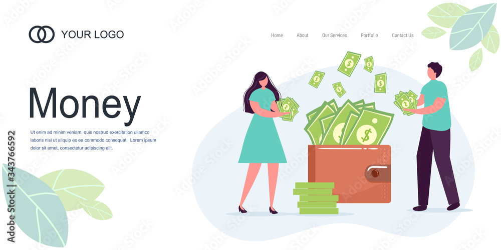 Landing page Girl man, woman hold money, dollars, wallet lot of money. Savings, investing money. Finance, Investment. for Jar Making Saving, Deposit Web Page Banner. Cartoon Flat Vector Illustration