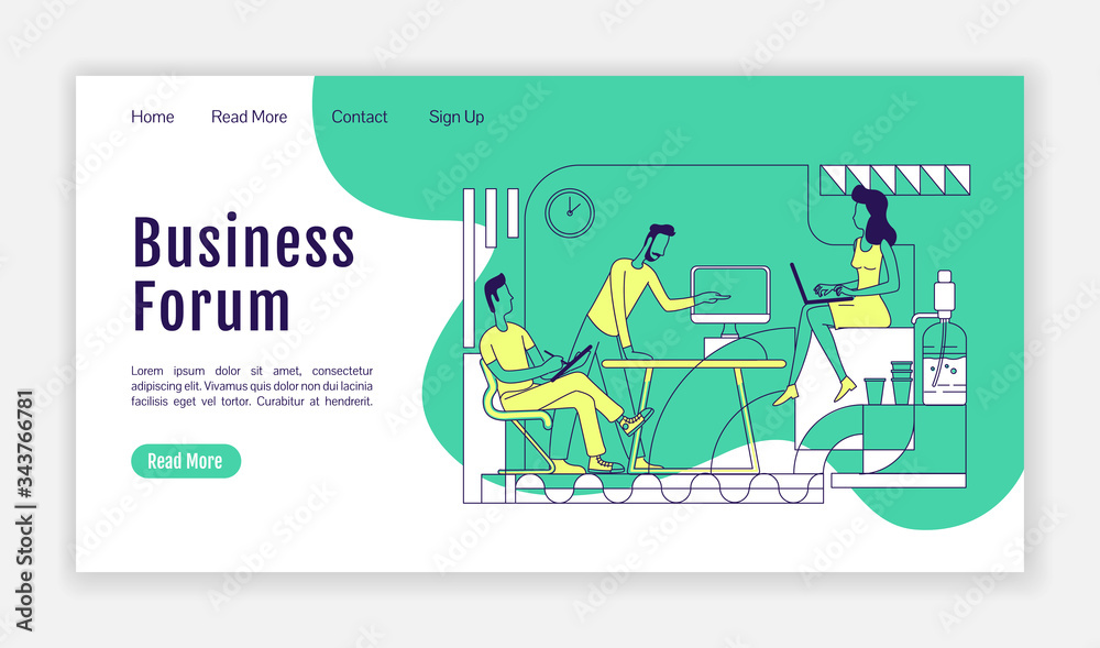 Business forum landing page flat silhouette vector template. Company development seminar homepage layout. CEO meeting one page website interface with cartoon outline characters. Web banner, webpage