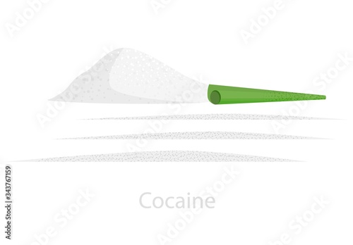 A slide of cocaine with a green tube and strips of divided doses. A potent medical substance, anesthetizing, intoxicating, causes dependence. Logo of danger, drug addiction and addiction.