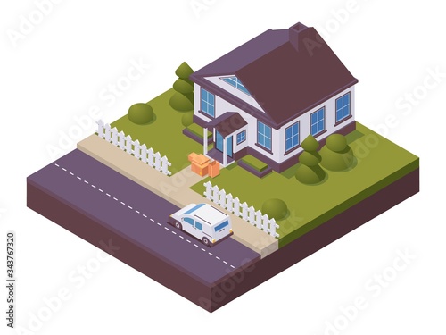 Isometric contactless product delivery, online orders. Scene with townhouse, car and boxes near porch