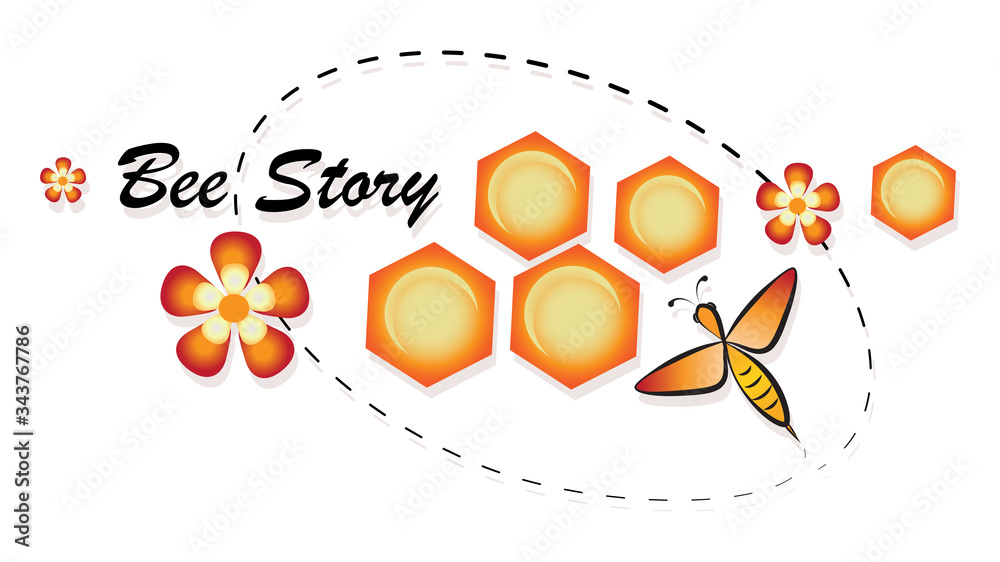 Bee Story. Honey bee, flowers and honeycombs. Concept emblems, labels. Bee Story. Honey bee, flowers and honeycombs. Concept emblems, labels.