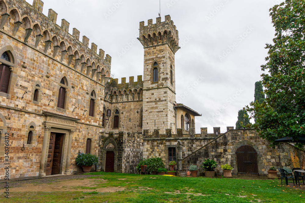 Italy, Florence, Badia a Passignano. View of the abbey of San Michele Arcangelo in Passignano, a monastery located on the Chianti hills in Badia a Passignano in Tuscany