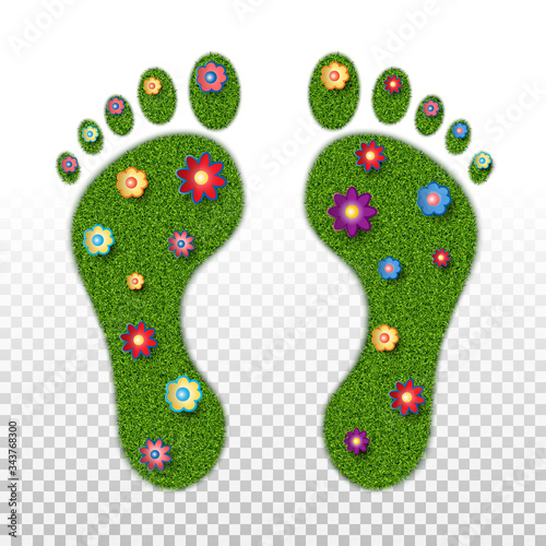 Imprints of the legs of an adult with the texture of green grass and flowers. Ecology, foot health, orthopedics, podology. Isolated on transparent background. Vector illustration photo