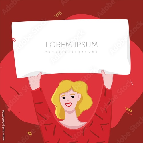 Young happy woman with a sign in his hands raised above his head. Banner template for informing people and children. Concept of drawing attention to the information on the poster. Vector illustration.