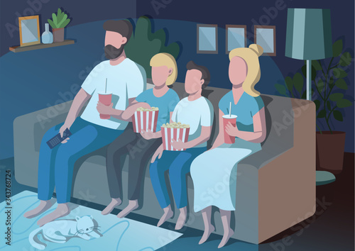Family movie night flat color vector illustration. Mother and father watch TV with children. Evening family routine. Parents and kids 2D cartoon characters with interior on background