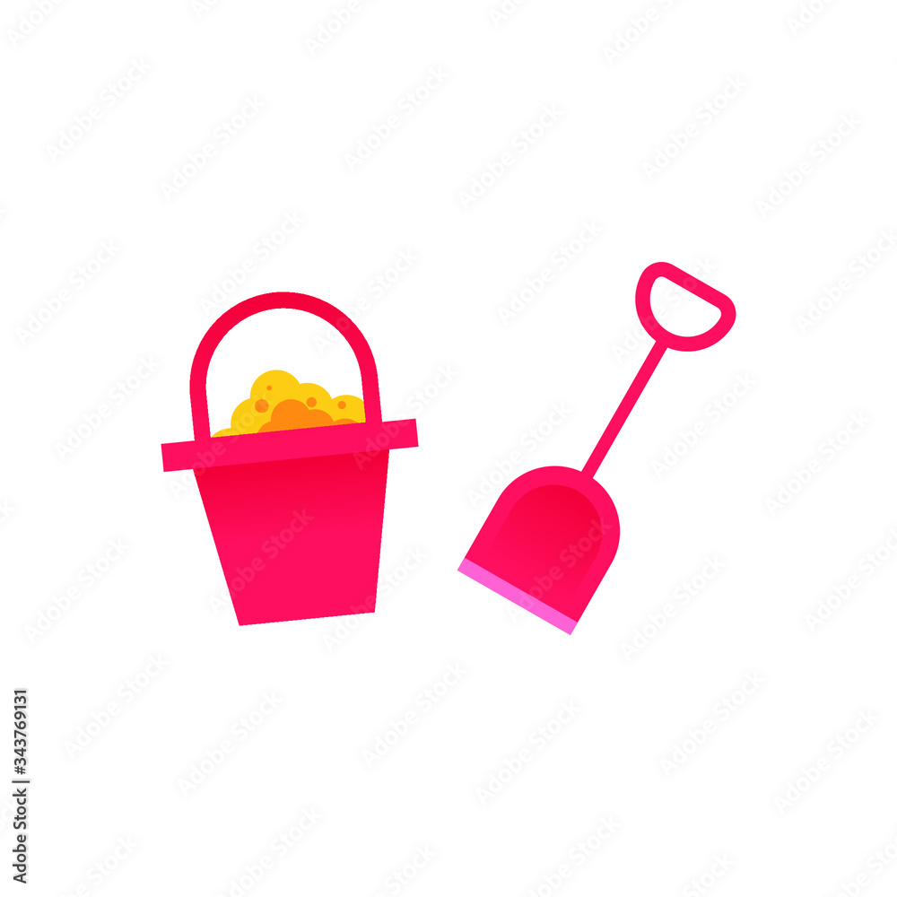 Flat Child pail and shovel, vector illustration, isolated on white background Flat Child pail and shovel, vector illustration, isolated on white background