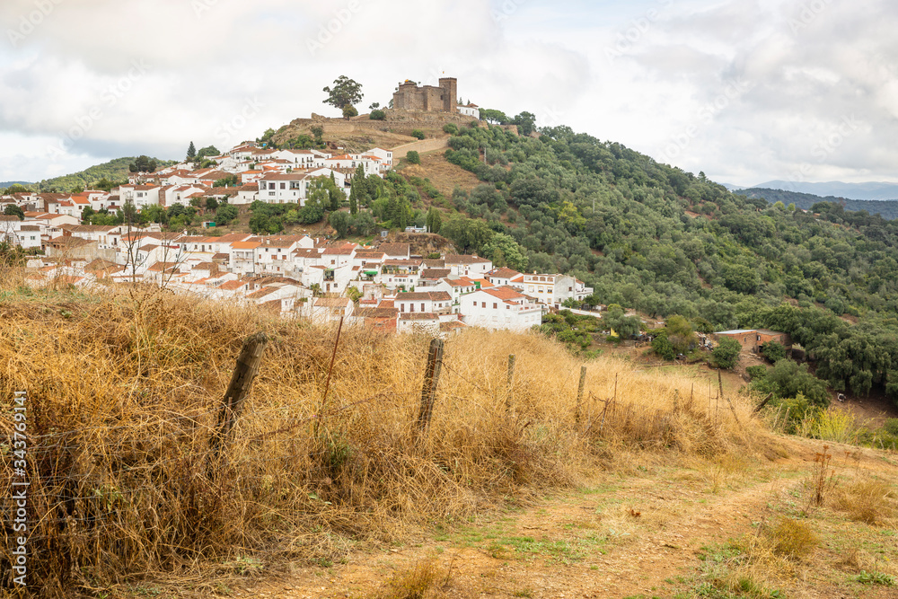 a view over Cortegana town and the castle in Autumn, province of Huelva, Andalusia, Spain