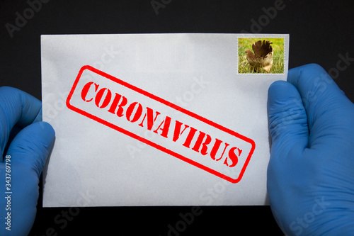 Ludzkie ręce w rękawicach ochronnych z listem, który może zawierać wirusa COVID-19. Przesyłki pocztowe mogą rozprzestrzeniać koronawirusa.