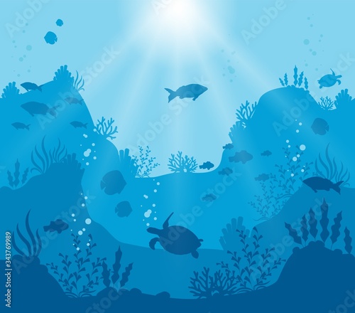 Illustrated underwater world on a deep blue background. Coral reef with tropical fish and animals. Underwater journey through the coral silhouette. Art of craft paper art style.