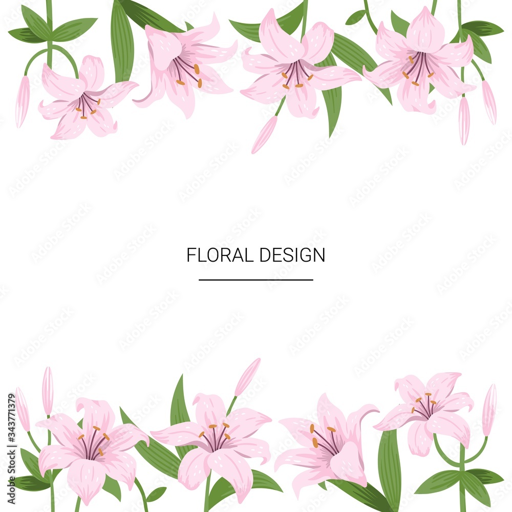 Floral frame with pink lilies and text. It can be used as an invitation card for a wedding, birthday and other holidays. Floral design or backgrounds. Vector illustration.