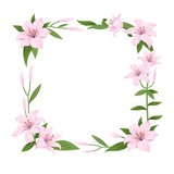 Floral frame with pink lilies can be used as an invitation card for a wedding, birthday and other holidays. Floral design or backgrounds. Vector illustration.