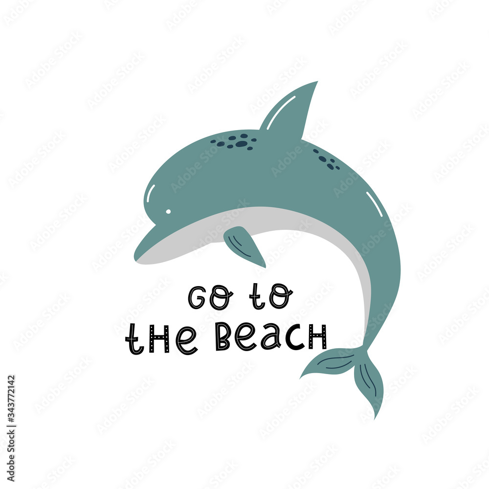 Obraz premium welcome to the beach and dolphin lettering hand drawing calligraphy, vector illustration