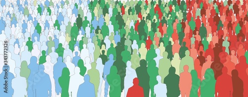 Infographics of a crowd of people showing the process of infection. The illustration of the color gamut shows the dynamics of the development of the disease. Vector graphics