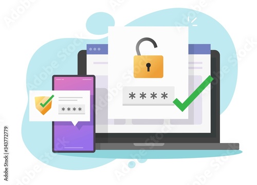 2fa authentication password secure notice login verification or sms with push code message shield icon in smartphone phone and laptop computer pc vector flat colorful, two factor or multi factor icon photo