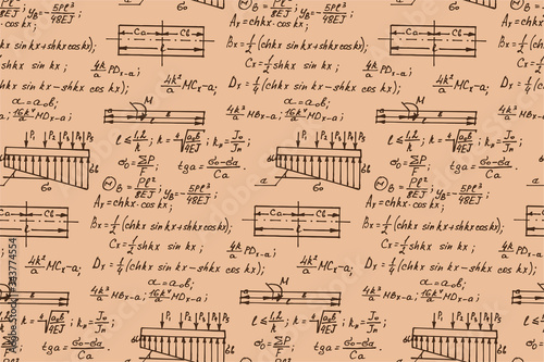 Vector seamless pattern with physics formulas and equations on kraft paper. Old college notation. Educational and scientific vintage background.