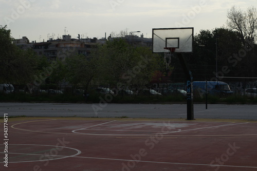 Basketball hoops shot over basketball courts in a sports complex in Poseidonio, Thessaloniki Greece © Dimitris