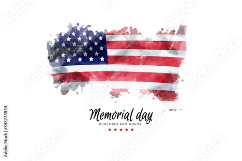 Memorial Day background illustration. text Memorial Day, remember and honor with America flag watercolor painting isolated on white background, vintage grunge style