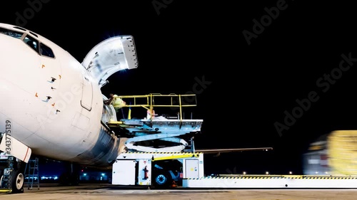 pan aircraft loading cargo timelapse in night