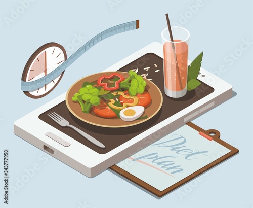 Vegetable salad and glass of juice on mobile phone. Weight loss concept. Isometric