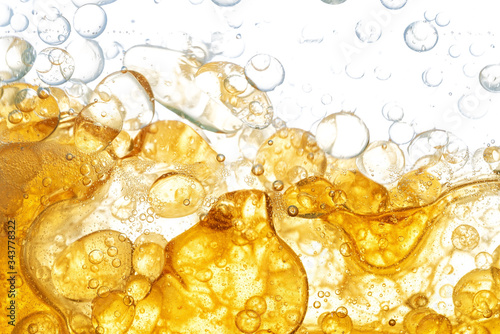 Yellow fat, like obesity cells, under the microscope, is a chemical process of atoms and molecules. Close-up