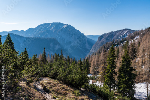 the "Meßnerin" mountain  on the left and "Pribitz" mountain on the right, seen from "Sonnschien" plateau on the "Hochschwab" mountainrange, Styria, Austria