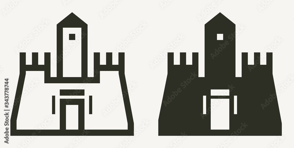 Minimal castle buildings outline and solid vector icons Minimal castle buildings outline and solid vector icons