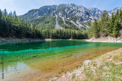 the "Edelweißboden" mountain and "Grüner See / green lake" in the "Hochschwab" mountainrange, Styria, Austria