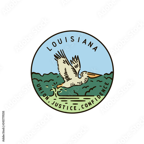 vector handmade round label. Louisiana. Cormorant