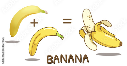 Abstract cute banana doodle clipart. realistic and cartoon style, Fruit vector illustration. Whole and peeled bananas Isolated on white background.