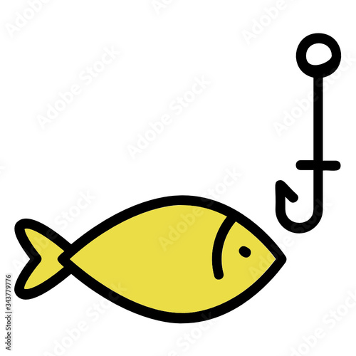 Fish and Hook Design Vector, Camping and outdoor Activities Color Icon, Fish Hunting Concept, 