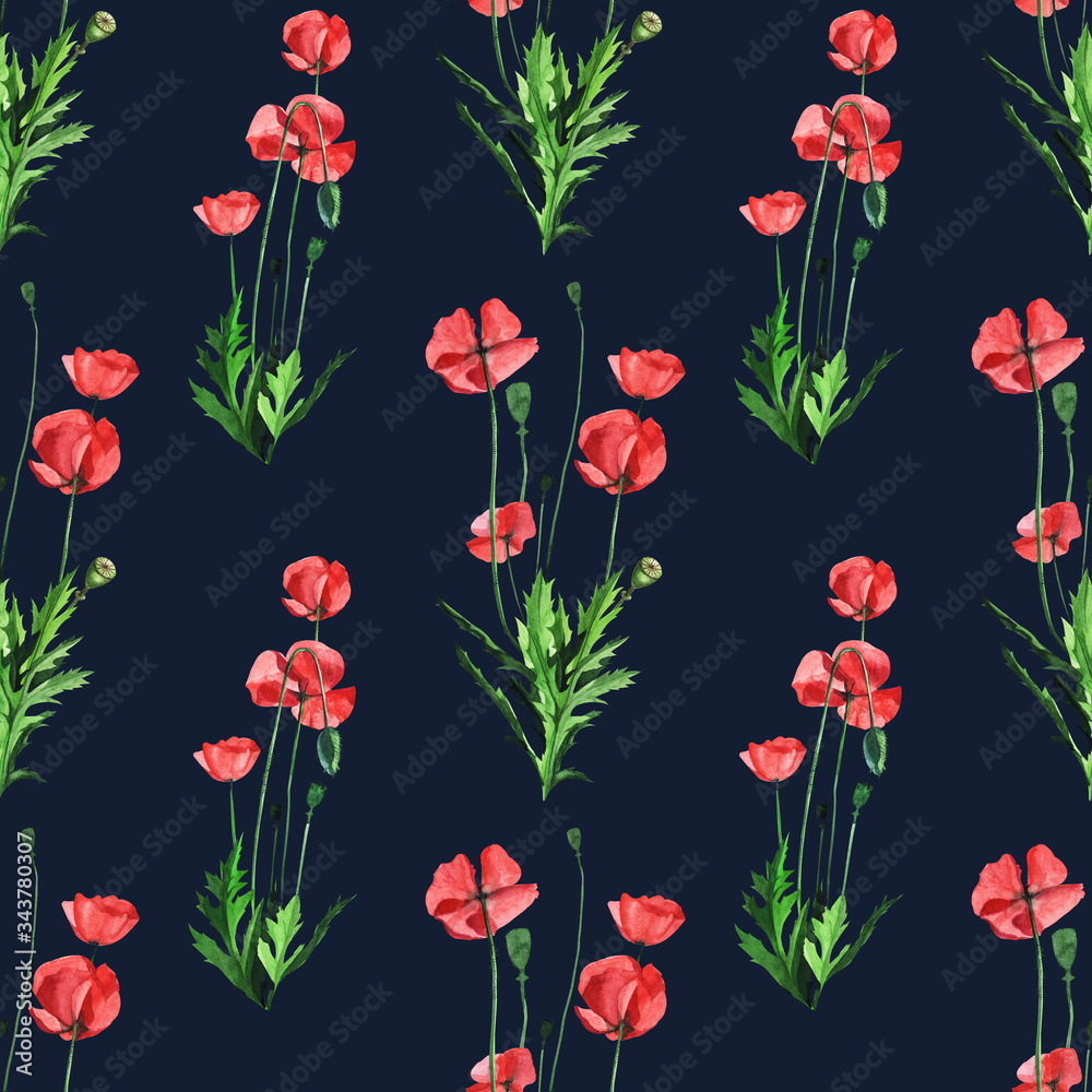 Watercolor seamless floral pattern with wild red poppies. Hand drawing decorative background. Hand drawn watercolor illustration. Print for textile, cloth, wallpaper, scrapbooking