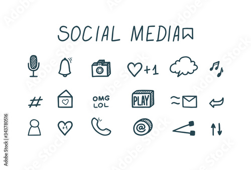 Set of social media doodle icons. Audio messages, likes, reposts and other media icons. Vector illustration in cute style