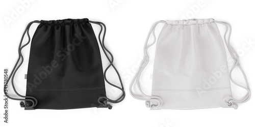 Straightened backpack bag lies on the surface. Front view. White and black color. 3d realistic mockup. Template for logo, design, branding. The illustration is isolated on a white background.