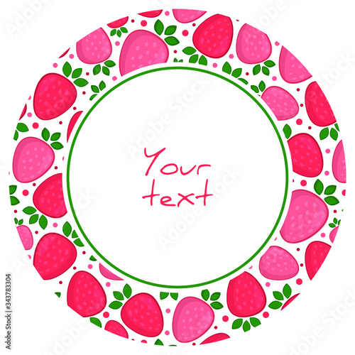 Round frame with abstract strawberries; berry frame for greeting cards, invitations, posters, banners, packaging.