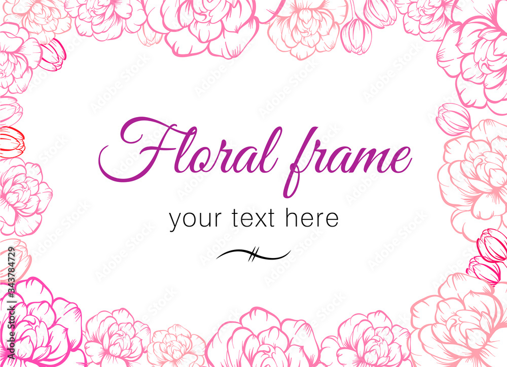 Vector hand drawn floral frame with peonies and place for text in vintage style. Peonies flowers background for invitation, wedding, greeting, birthday card.