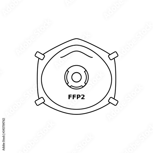 FFP2 respirator face mask line icon. Corona virus or dust protection. Black outline on white background. Respiratory protective device, filtration of airborne particles. Vector illustration, clip art