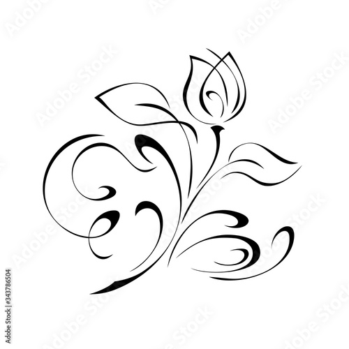 ornament 1124. decorative element with a stylized flower Bud on a stem with leaves and curls in black lines on a white background